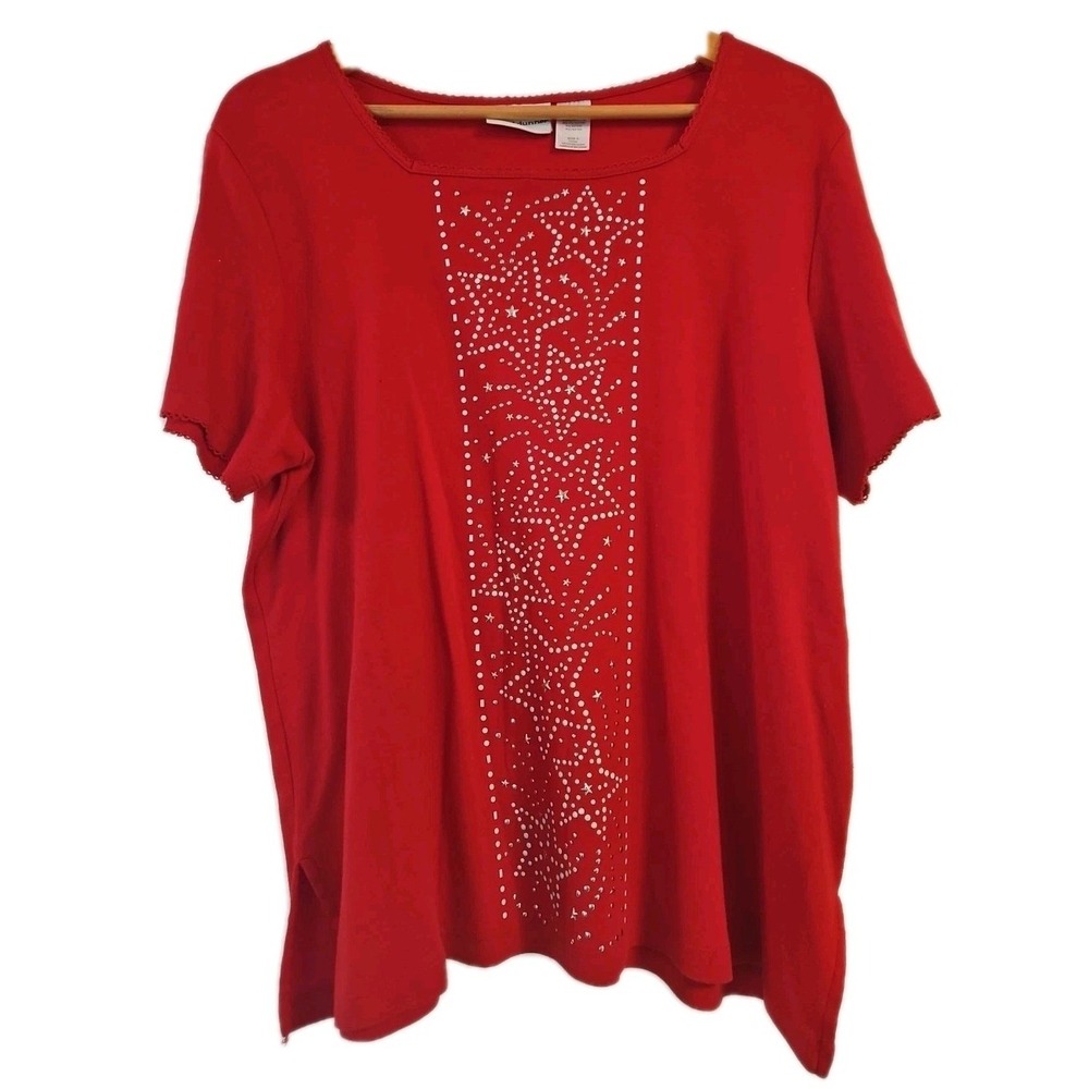 ALFRED DUNNER Womens Top Beaded Red Short Sleeve L Stars